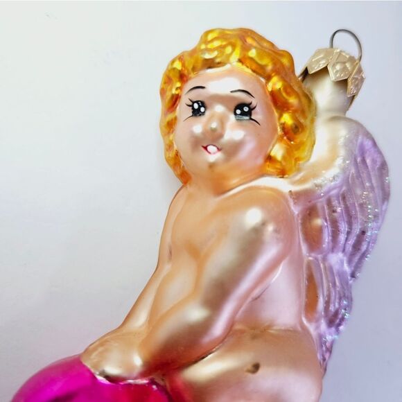 Vintage Christopher Radko 'Heart Ride' 1996 Blown Glass Cupid Angel Ornament - Picture 3 of 11